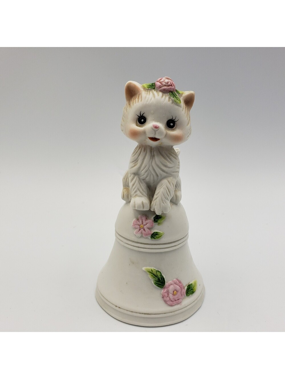 Vintage Bisque Porcelain Bell White Kitten Flower Taiwan ROC Big Eyes Kitty Cat
